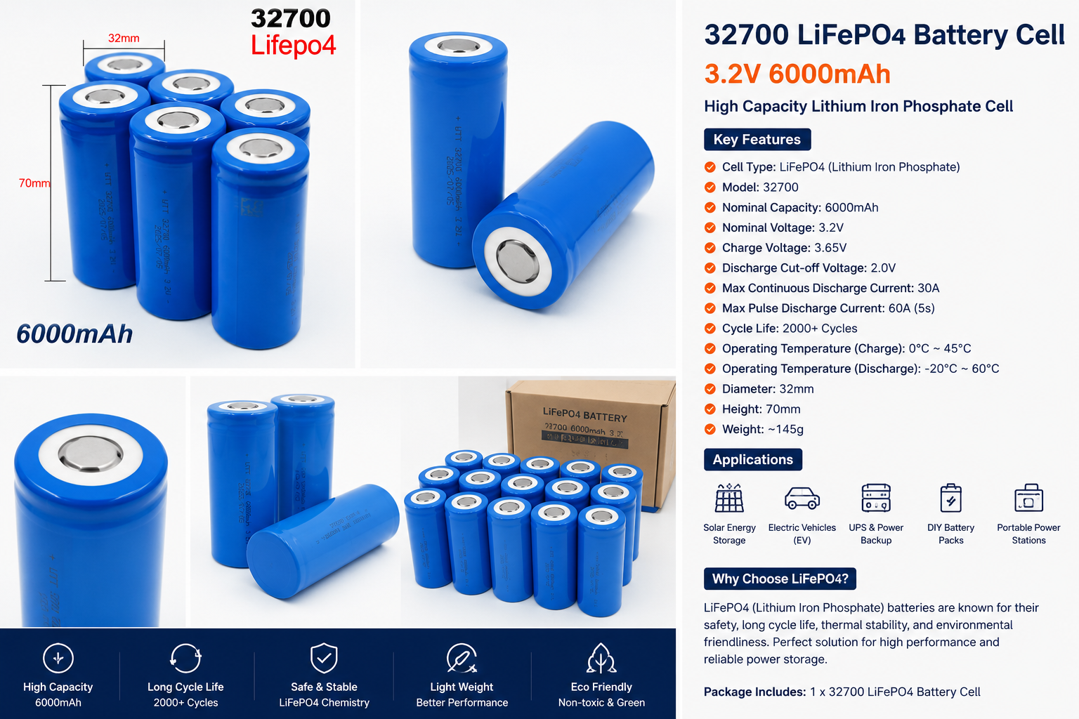 32700 LiFePO4 Battery Cell 3.2V 6000mAh Rechargeable Lithium Iron Phosphate | OptoTechbd